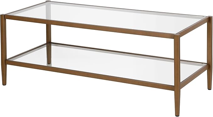 Henn&Hart 45" Wide Rectangular Coffee Table with Glass Shelf in Antique Brass, Coffee Table coffee tables for living room, studio apartment essentials