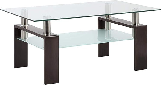 Tempered Glass Coffee Table for Living Room Furniture with 2 Tiers Size 1000X600MM (Walnut Black)