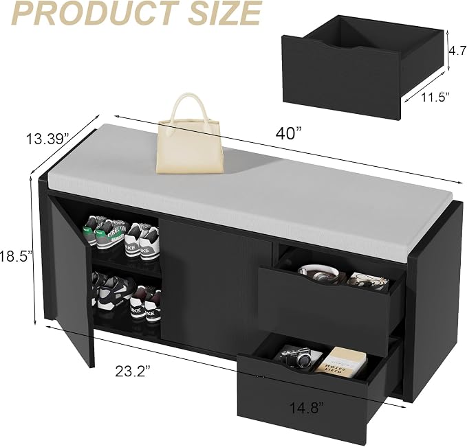 LVB 2-Tier Storage Bench with Padded Seat Cushion, Entryway Bench with 2 Drawers, Removable Barn Doors & Adjustable Shelf, Industrial Shoe Bench for Hallway, Bedroom, Living Room,Black Oak, 40 Inch - Image 2