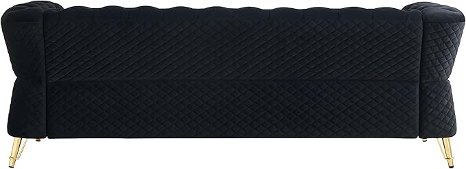 KEIKI 87" Chesterfield Velvet Button Tufted Sofa with High Density Foam Cushions, Modern Style 3-Seater Couch with Gold Strip Trim Decoration, Easy Assembly, for Apartment, Living Room, Office, Black