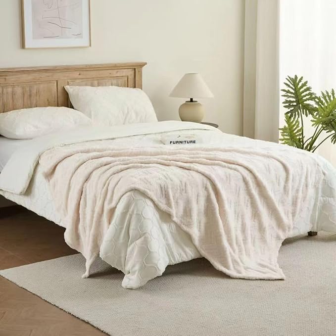 3 Layer Jacquard Throw Blanket - 50x70 Inch Soft Fleece with Wave Pattern, Beige Plush Cozy Blanket for Sofa, Couch, Bed & Chair, All Season Decorative Blanket for Living Room & Bedroom