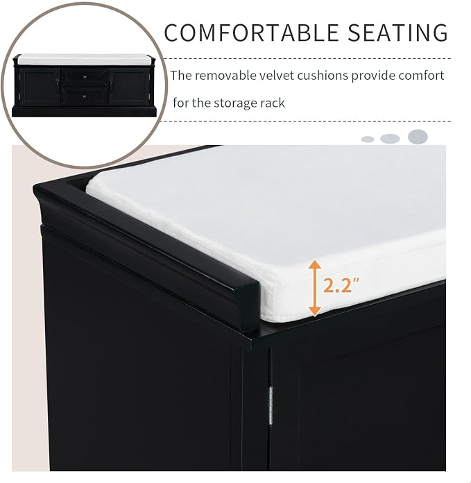 GDFStudio Rustic Storage Bench with 4 Doors 2 Draws Adjustable Shelves Removable Cushion Rectangular Cabinet Foot Rest Stool Solid Wood Shoe Bench Seating for Entryway Living Room, Black - Image 4