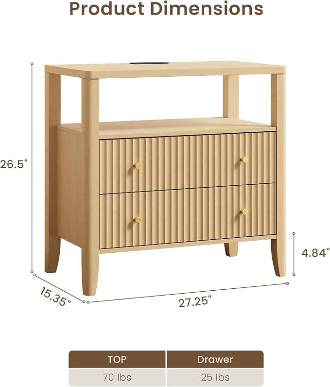 Nightstand Set of 2 with Charging Station, 27.3" Wide Fluted Bedside Tables with 2 Drawers & Open Shelf, Large End Tables with Storage, Metal Handle & Rounded Corners for Bedroom,Natural - Image 2