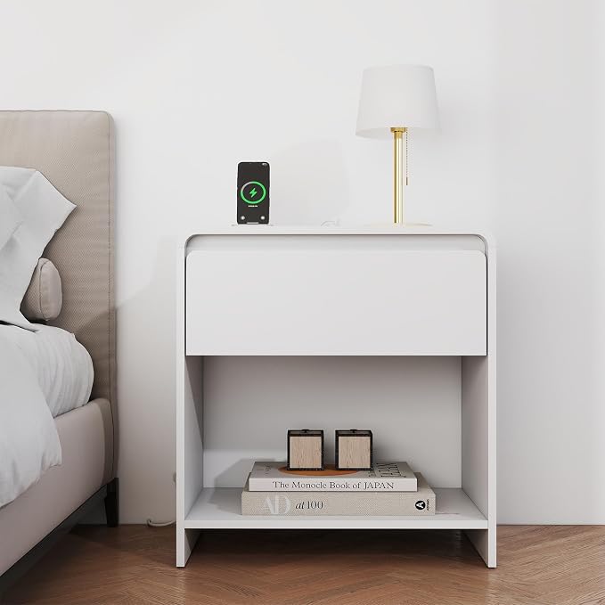 White Nightstand with Charging Station,Modern Night Stand with Drawer and Open Shelf,Bedisde Table with Storage for Bedroom, End Side Table for Living Room by CIPACHOHOMEFURNITURE