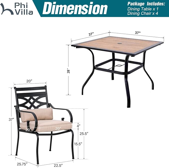 PHI VILLA 5 Pieces Outdoor Dining Set for 4, 37" Square Wood-top Metal Table & Wrought Iron Chairs, All Weather Large Outside Furniture with Cushions & Pillows for Patio, Deck, Porch - Image 2