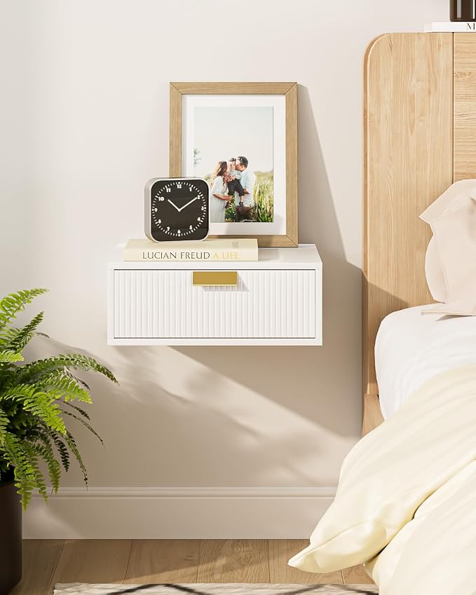 Aienvey Floating Nightstand, Floating Shelf with Drawer, Wall Mounted Nightstand, Floating Bedside Table (White Stripe) by Aienvey