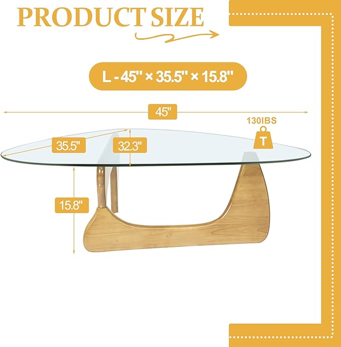 Modern Large Glass Triangle Coffee Table - Unique Wooden Center Table with Wood Legs, Funky Vintage Minimalist Design for Small Spaces
