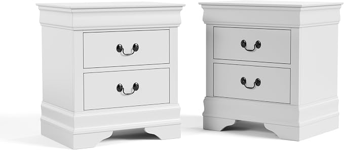 Furniture of America Arabella Traditional Solid Wood Nightstands Set of 2, Bedside Table with Drawers and Antique Nickle Handles, No Assembly Wooden Night Stands for Bedrooms, Guest Room, Dorm, White by FurnitureofAmerica
