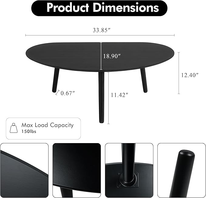 Small Oval Coffee Table Mid Century Modern for Living Room, Center Table,Solid Wood Coffee Table,Nature Wood (Black, 18.9" D x 33.85" W 12.4" H)