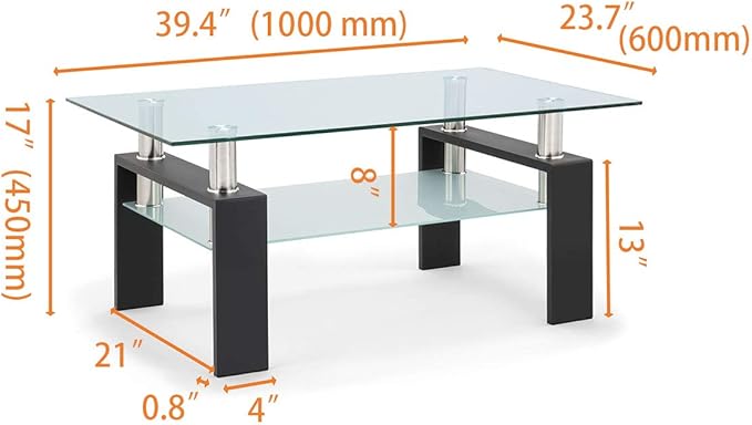 Tempered Glass Coffee Table for Living Room with 2 Tiers Size 39.4" x 23.7" (W x D) Black