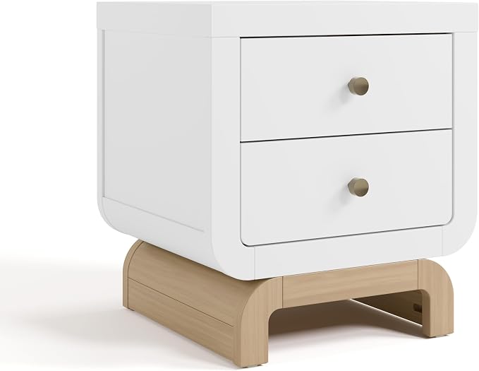 Storkcraft Santorini 2 Drawer Nightstand (White & Driftwood) - GREENGUARD Gold Certified Nightstand for Kids Bedroom, Premium Wood with Curved Base, “Champagne” Metal Knobs by Storkcraft