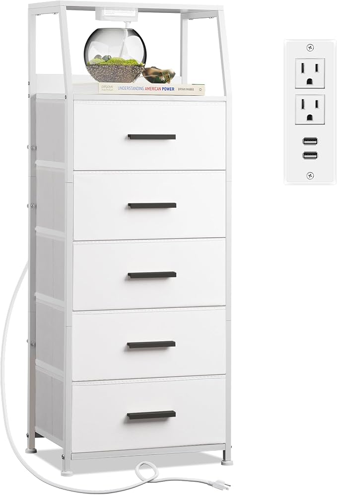 Nightstand 5 Drawer Dresser with Charging Station, Side Table with Fabric Drawers, End Table with Open Shelf, Tall Dresser for Bedroom, Hallway, Entryway by Nashzen