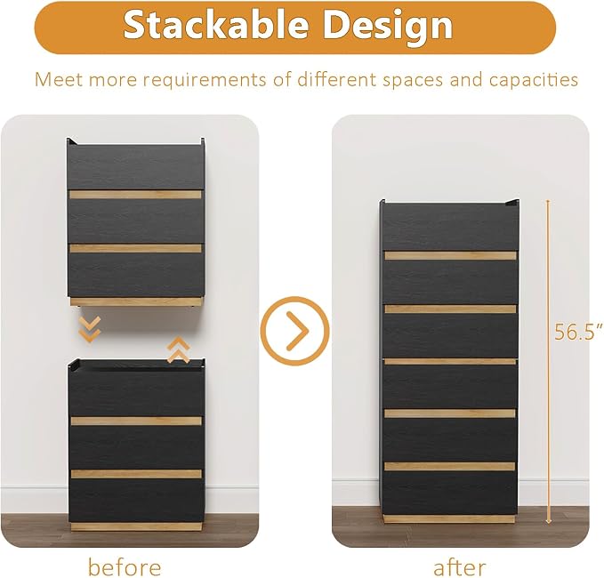 Large Modern Nightstand Black Bedside Table, 3 Drawer Dresser Wood Stackable Storage Drawers for Clothes for Closet, Bedroom, 24"x16"x29" - Image 3