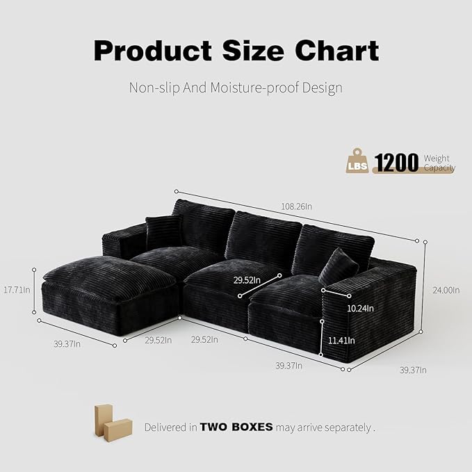 Ball & Cast 108" Cloud Sectional Couches for Living Room,Convertible L Shaped Couch with Deap Seat & Movable Ottoman,3 Seater Modular Sectional Sofa,Free Combination,No Assembly Required,Black