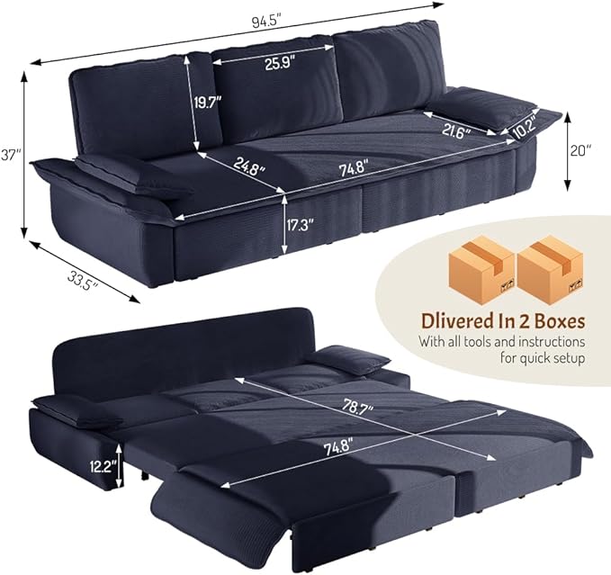 KEIKI 94.5'' King Size Pull Out Sleeper Sofa, 3-in-1 Convertible Futon Couch with Cloud Comfort, Corduroy Reclining Loveseat Sofa for Office, RV, Home Theater