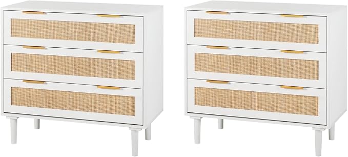 HOPUBUY Large Nightstand Set of 2 with Rattan Drawer, Modern 3 Drawer Night Stand for Bedroom, Wooden Bedside Table for Queen Size and King Size Bed,White by HOPUBUY
