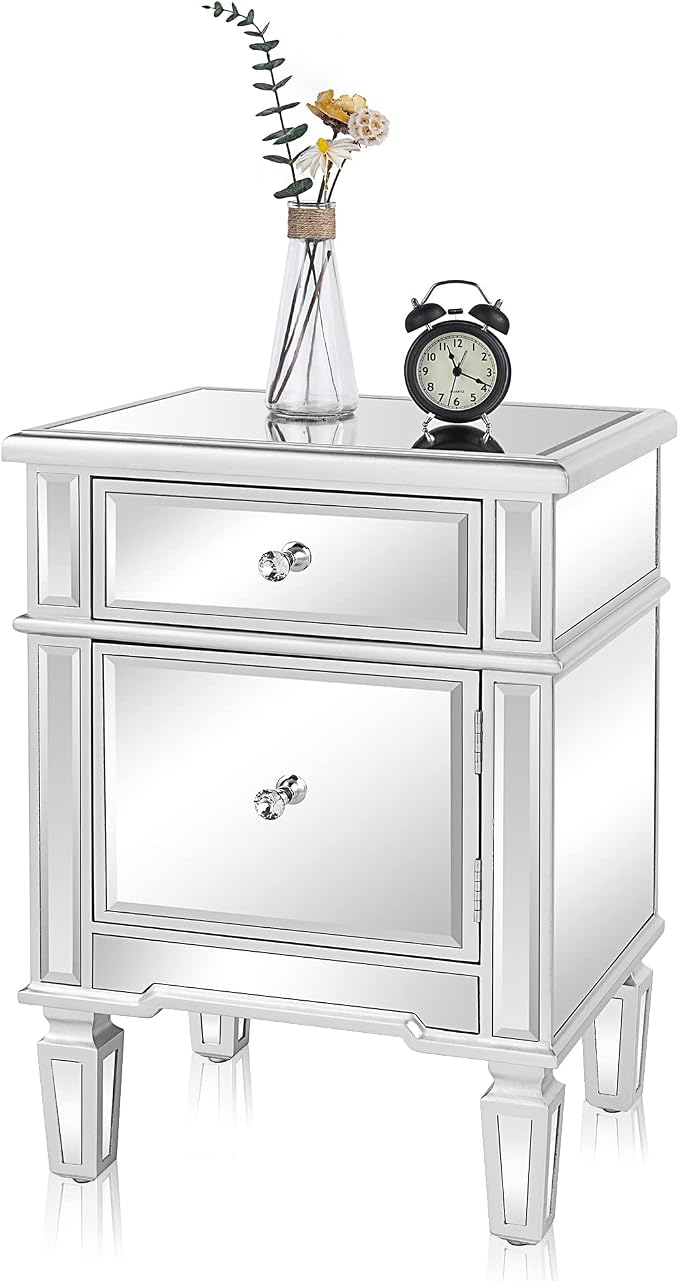 VINGLI Modern Nightstand Mirrored Bedside Table with 1 Drawer and 1 Cabinet Door for Bedroom, Silver by VINGLI