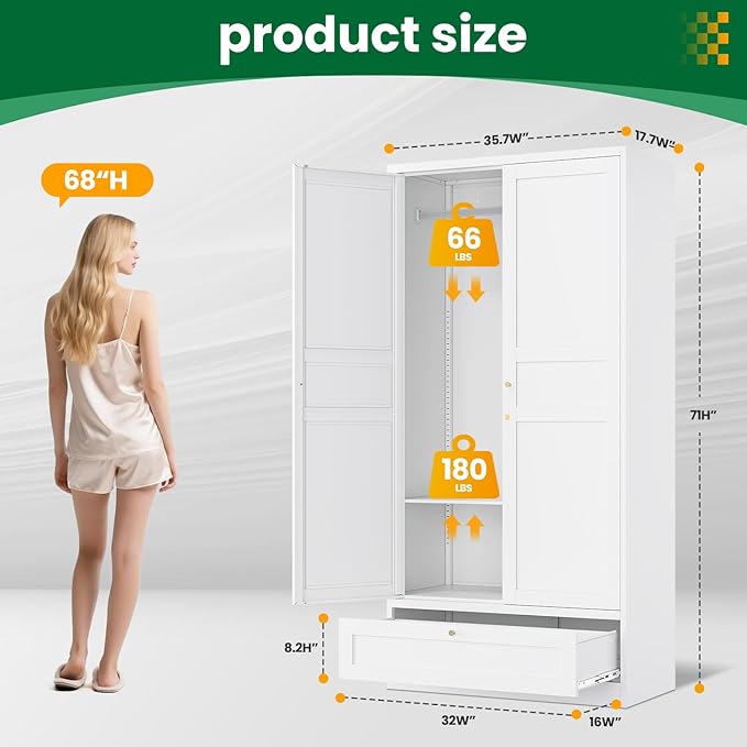Metal Wardrobe Closet Cabinet,White Armoire Wardrobe Closets Storage Cabinets with Drawer,Metal Storage Cabinet with Doors and Shelves for Laundry Room,Bedroom,Home Office,Bathroom