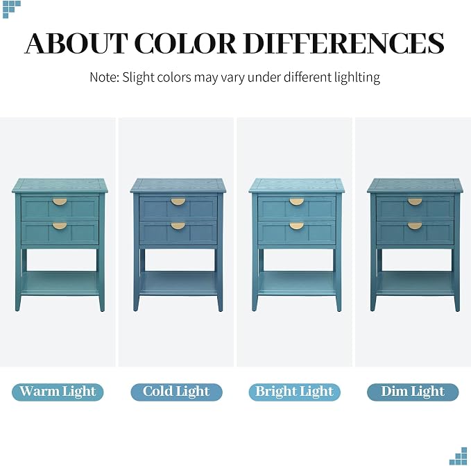 Blue Wood Nightstand with 2 Drawers and Open Shelf, Modern Bedside Table with Solid Wood Frame and Golden Handles, Narrow Wooden Side Table for Bedroom, 2 PC - Image 7
