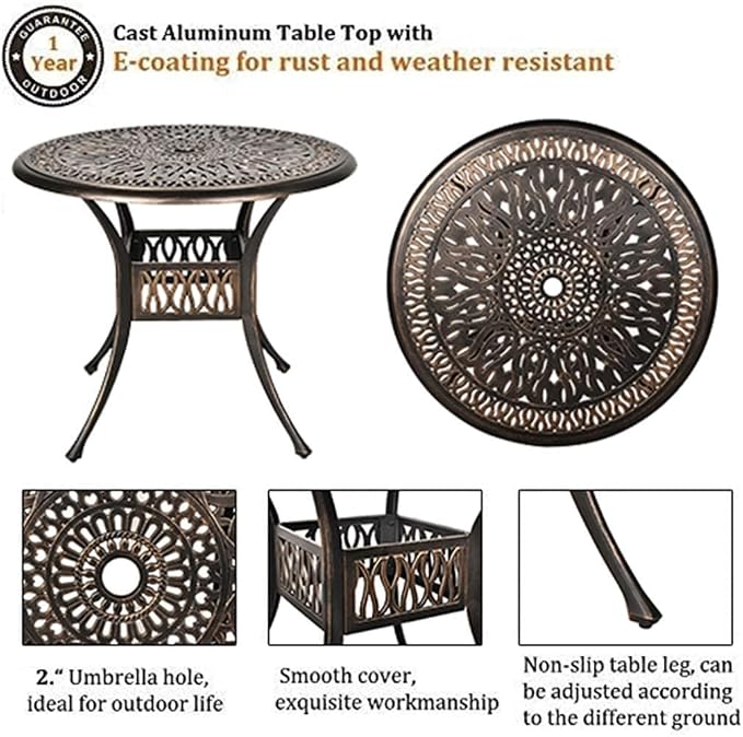 Grepatio 5 Piece Outdoor Dining Set Cast Aluminum Patio Table and Chairs Outside Furniture 4 Mesh Swivel Chairs with Khaki Cushion and 1 Umbrella Hole Round Dining Table for Lawn Garden (Grid Khaki) - Image 2
