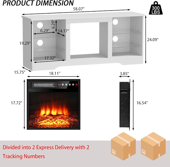 PRETZI Fireplace TV Stand with 18" Fireplace Up to 65" TVs, 58" Entertainment Center with LED Lights, TV Media Console with Adjustable Glass Shelves and Storage Cabinets for Living Room, White - Image 6
