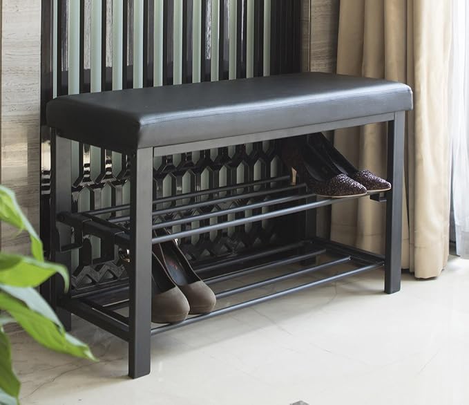 Finnhomy Entryway Shoe Rack with Cushioned Seat, Shoe Bench for Entry, 2 Shelves Storage Bench w/Faux Leather Top Bed Bench, Black by Finnhomy