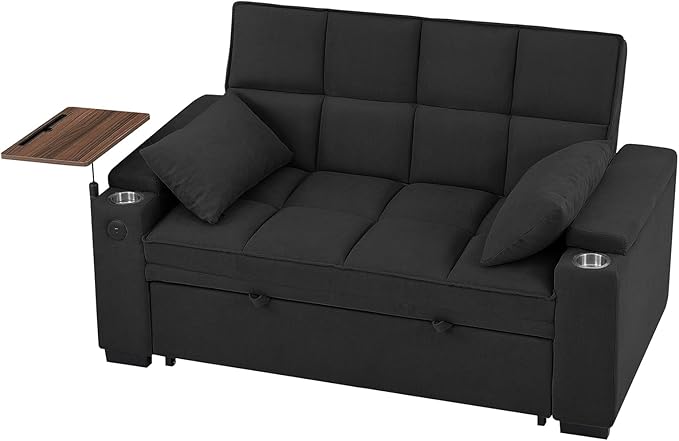 Eafurn Convertible Sleeper Sofa Bed with 360° Swivel Table & USB Ports, Tufted Chenille Loveseat Pull-Out Couch with Storage Armrest & Cup Holders, 6-Level Adjustable Backrest