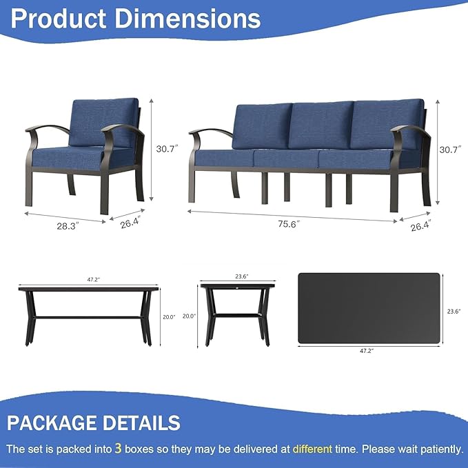 Aluminum Patio Furniture Set with Rectangular Coffee Table, 5 Seats Outdoor Patio Conversation Sets w/5.1" Cushions,Patio Conversation Sets for Garden, Backyard, Porch-Navy