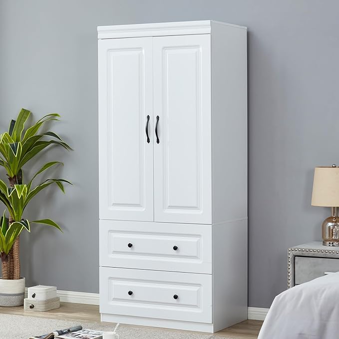 Wood Armoire Wardrobe Closet White Large Storage Clothes Cabinet Tall with 2 Doors, Wardrobe Cabinet with 2 Drawers, Armoires and Wardrobes with Hanging Rod and Shelves for Bedroom