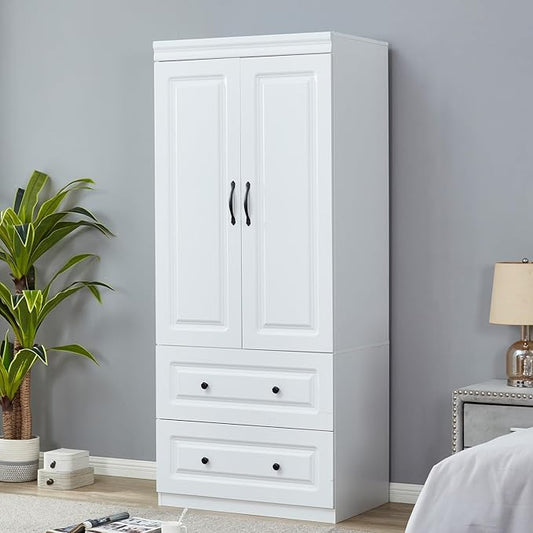 Wood Armoire Wardrobe Closet White Large Storage Clothes Cabinet Tall with 2 Doors, Wardrobe Cabinet with 2 Drawers, Armoires and Wardrobes with Hanging Rod and Shelves for Bedroom