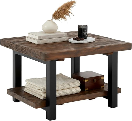 Alaterre Furniture Pomona Living Room Tables – 27 Inch Square Solid Wood Coffee Table with Metal Legs – Modern Farmhouse Rustic Small Space Table (Rustic Brown)