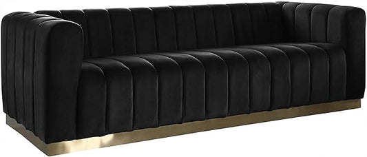 Meridian Furniture 603Black-S Marlon Collection Modern | Contemporary Velvet Upholstered Sofa with Deep Channel Tufting, Stainless Steel Base in a Brushed Gold Finish, Black, 86.5" W x 34" D x 28" H