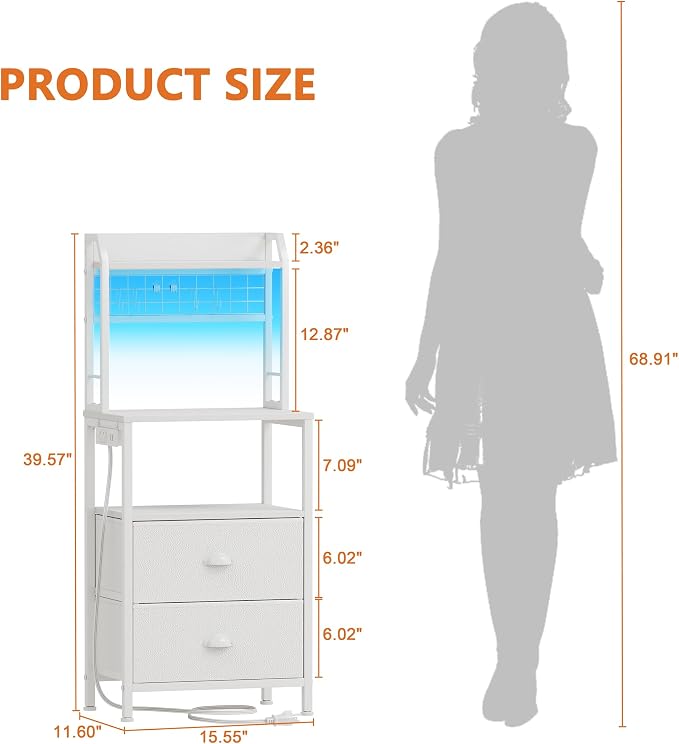 Furologee 40'' Tall Nightstand with Charging Station, Bedside Table with LED Lights, End Table with 2 Drawers and Storage Shelves, Night Stand with Pegboard for Bedroom, White - Image 3