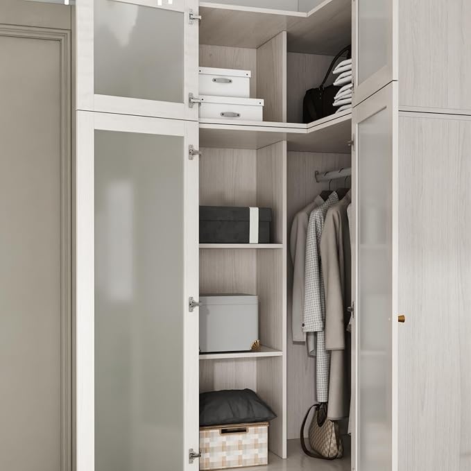 L-Shape Wardrobe Armoire Closet with Hanging Rod & Shelf, Bedroom Armoire with Frosted Glass Doors, Top Cabinets & Gold Knobs, Wood Grain, 35.4”D x 35.4”W x 86.6”H