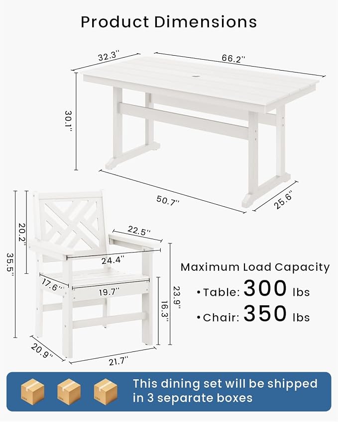 5-Piece Outdoor Dining Set, HDPE All-Weather Patio Table and Chairs Set for 4, Outdoor Patio Furniture Sets with Umbrella Hole for Outside, Deck, Backyard, Garden (White) - Image 2
