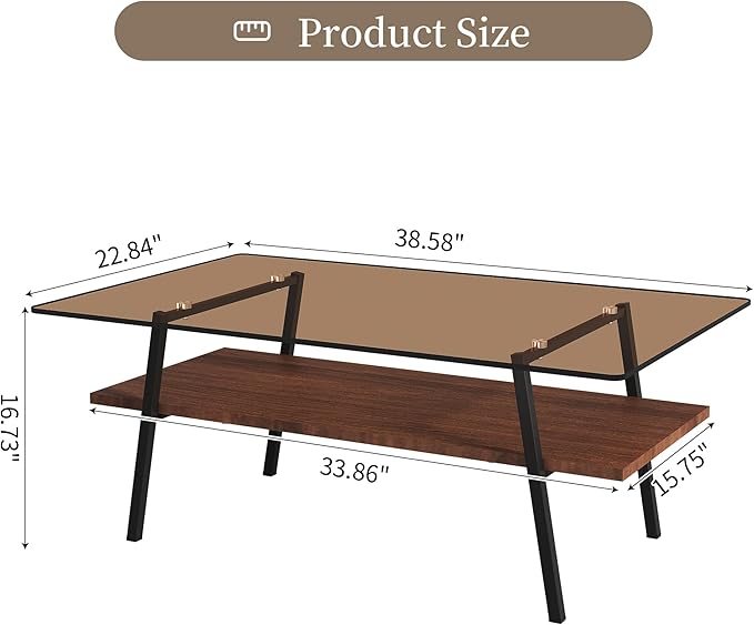 IANIYA Glass Coffee Table for Living Room Small Gold Mid Century Coffee Table for Living Room with Wood Shelves (Black Frame, Brown Glass + Brown Wood)