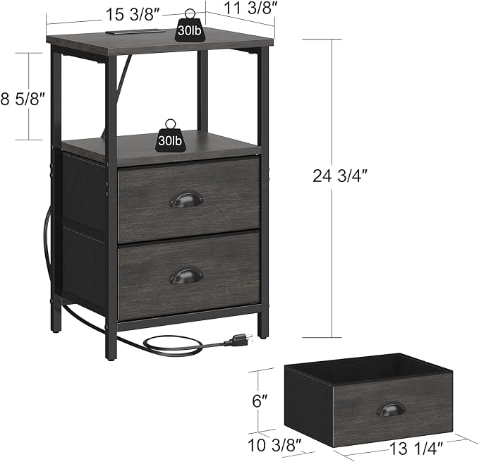 sthmec Nightstand with Charging Station, LED Night Stand Set of 2, Bedside Table End Table with Drawer, Bedroom Tables with 2 Fabric Drawers, 3-Tier Storage Side Table for Bedroom, Black Oak - Image 3