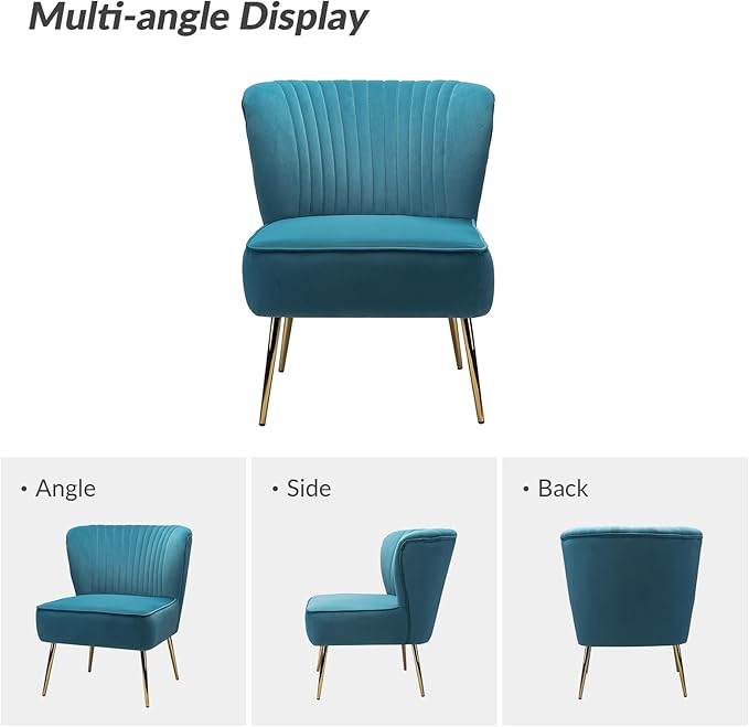 HULALA Home Velvet Accent Chair Set of 2, Modern Armless Upholstered Side Chair with Glam Gold Metal Legs for Vanity Living Room Bedroom - Blue