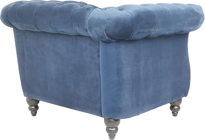 LEVNARY Velvet Chesterfield Chair, Mid-Century Modern Single Sofa Chair with Button Tufted Backrest and Nailhead Decor, Tufted Upholstered Rolled Armchair for Home Bedroom Reading Room (Blue)