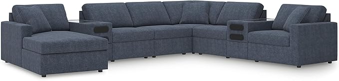 Signature Design by Ashley Modern Modmax Stain Resistant U-Shape Right-Arm Facing 8-PC Sectional with Chaise and Audio Consoles, Dark Blue