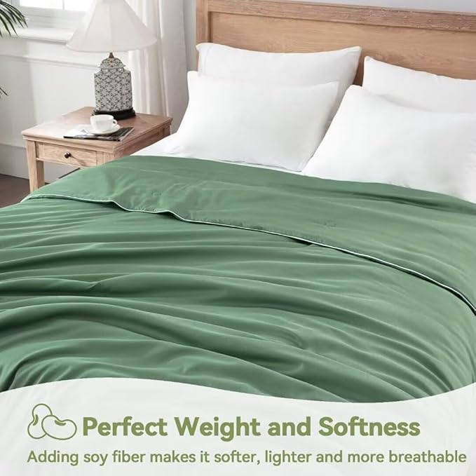 Globon Cooling Comforter Queen Size, Lightweight Summer Comforter for Hot Sleepers,Ultra Soft Bamboo Viscose Fabric, Breathable & Moisture Wicking, Soy Fiber Blend Fill, Sage Green