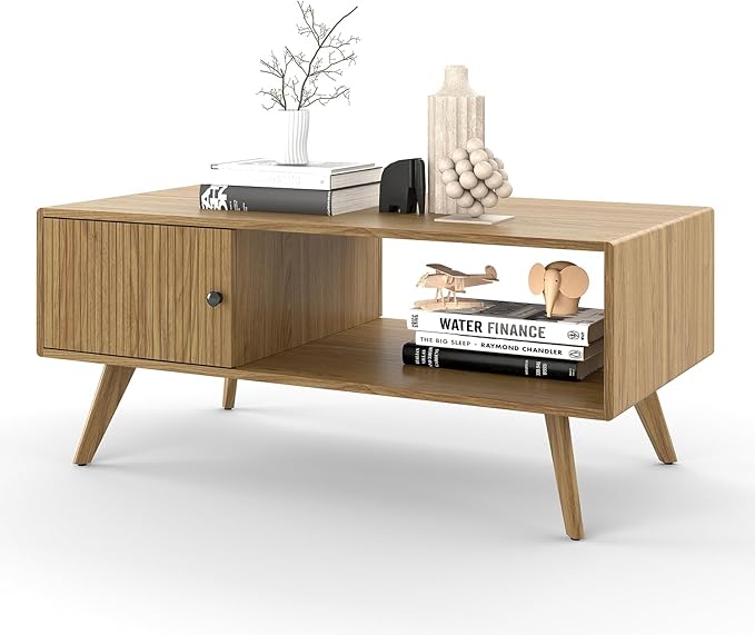 Manora Mid Century Modern Coffee Table with Storage Cabinet and Open Shelf, Wooden Living Room Table with Fluted Drawer and Solid Wood Legs, Oak Finish Center Table for Small Spaces
