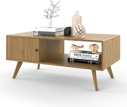 Manora Mid Century Modern Coffee Table with Storage Cabinet and Open Shelf, Wooden Living Room Table with Fluted Drawer and Solid Wood Legs, Oak Finish Center Table for Small Spaces