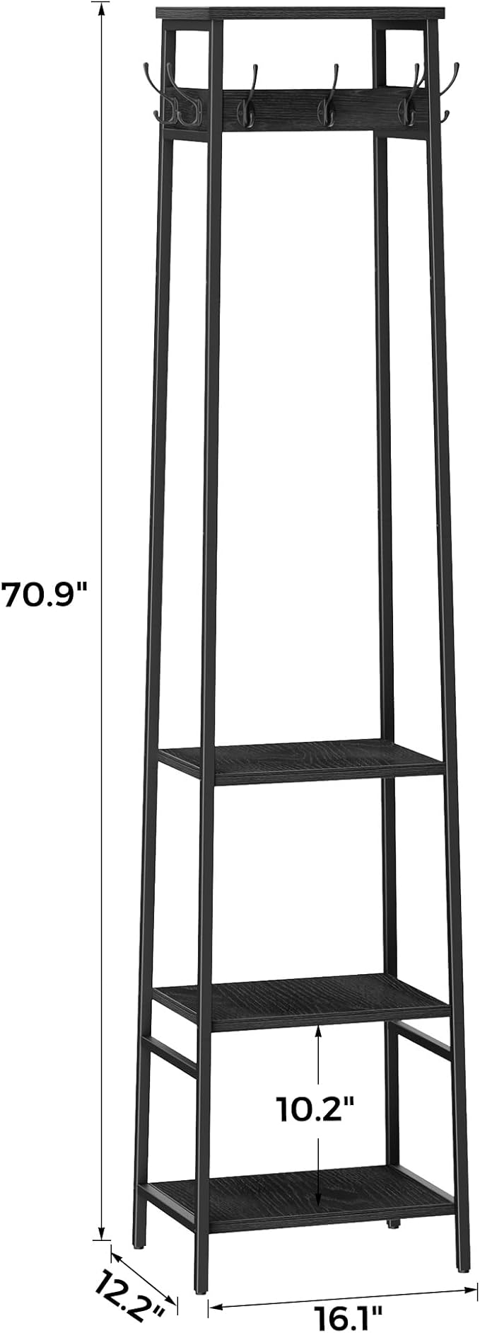 Coat Rack Freestanding, Coat Stand with 3 Shelves and 7 Hooks, Hall Tree Free Standing, Clothes Rack Stand Organizer for Bedroom, Hallway, Entryway, Living Room, Industrial Style, Black - Image 4