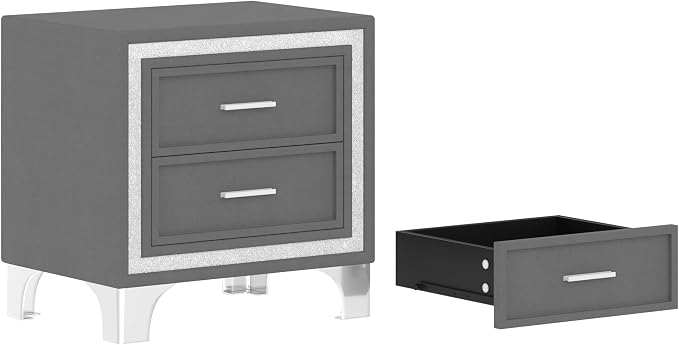 Bellemave 2-Drawer Nightstand with Silver Glitter Strip Decor and Metal Legs, Vintage Upholstered Nightstand, Velvet Bedside Table for Bedroom (Grey) - Image 6
