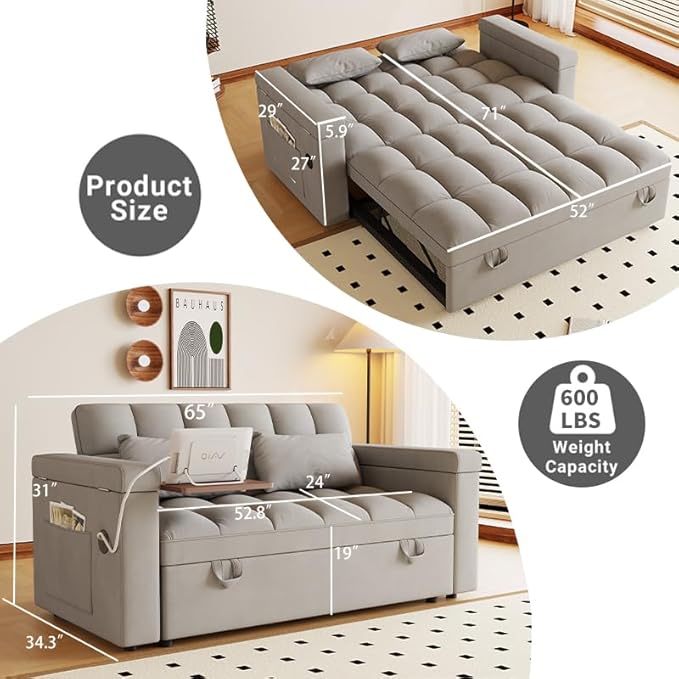 Convertible Sofa Bed, 5-in-1 Pull Out Couch with Side Table, Loveseat Sleeper Sofas Bed Couch with USB Port, 65‘’ Velvet Pull Out Sofa Beds for Living Room, Bedroom, Apartment