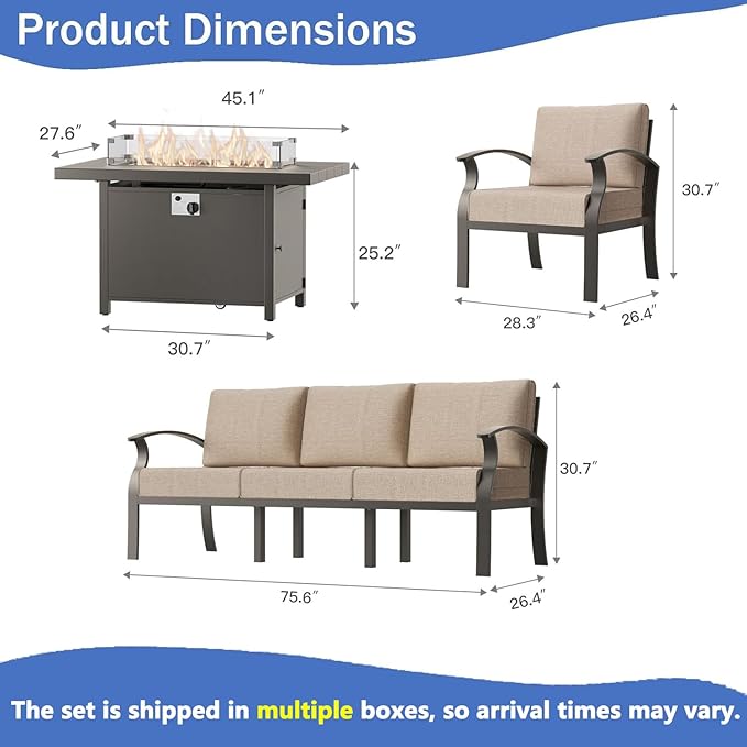 Aluminum Outdoor Patio Furniture Set,5 Pieces 8 Seats Patio Conversation Sets with 45" Propane Fire Pit Table,Metal Patio Sectional Furniture Set w/5.1" Cushions for Porch,Deck,Backyard,Sand