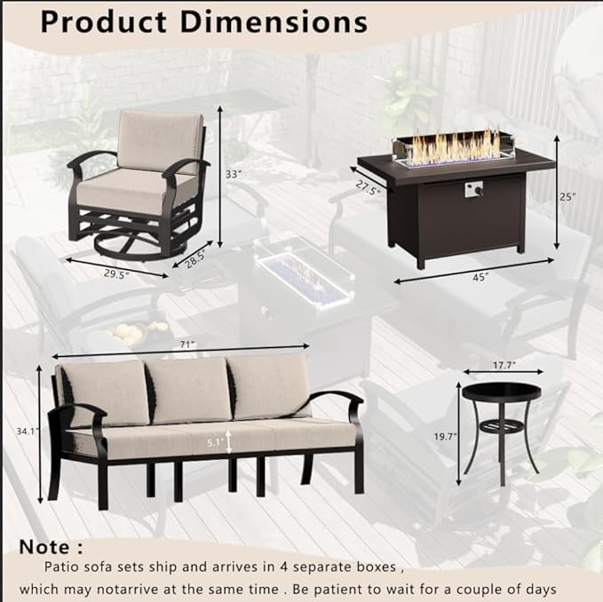 Patio Furniture Set 5-Piece Aluminum Armrest Sofa, Modern Outdoor Living Room Set with 55000 BTU Propane Aluminum Fireplace, Outdoor Rotary Joystick with Thick Cushion