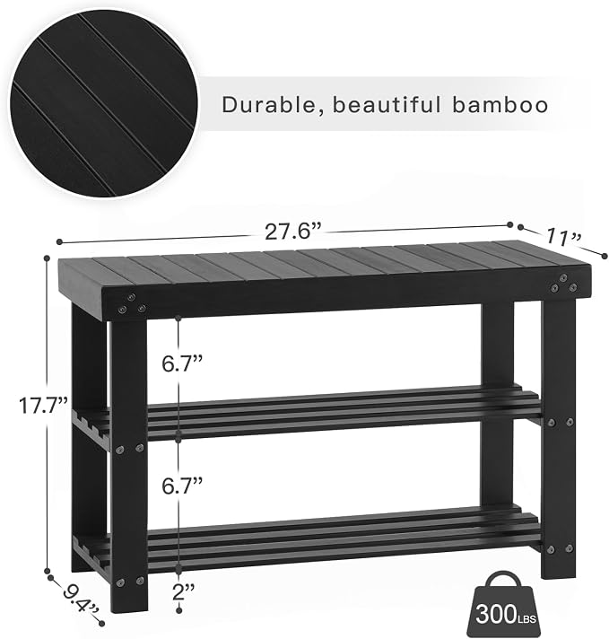 Apicizon Bamboo Shoe Rack for Entryway, 3-Tier Shoe Rack Bench for Front Door Entrance, Small Shoe Organizer with Storage, Black - Image 3