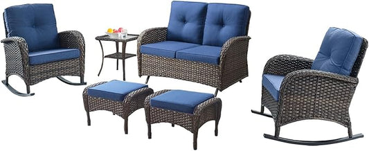 Belord 6 Pieces Outdoor Patio Furniture Set with Wicker Rocking Chairs, Rattan Patio Conversation Set with Glider Loveseat Ottomans and Side Table Brown/Blue